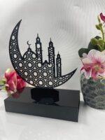 Islamic Home Moon Shape Acrylic Moon with Masjid and Stand - Perfect Ramadan Muslim Gift - AuraDec