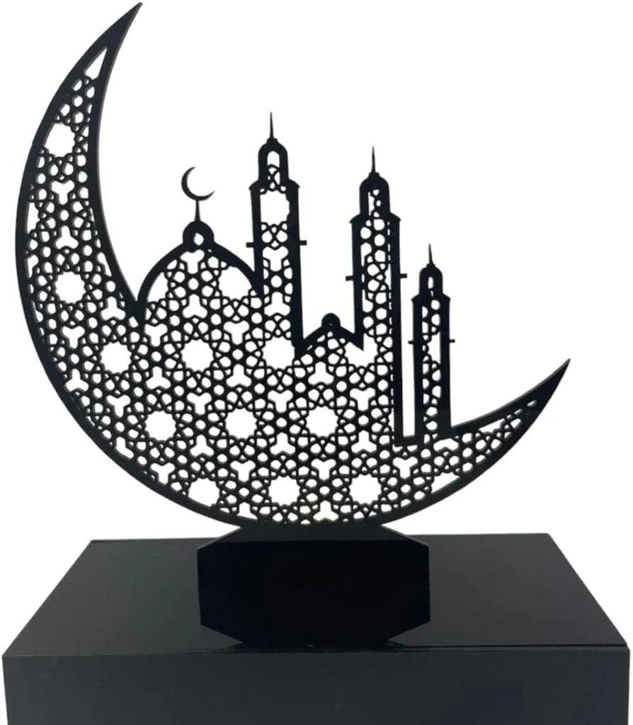 Islamic Home Moon Shape Acrylic Moon with Masjid and Stand - Perfect Ramadan Muslim Gift - AuraDec